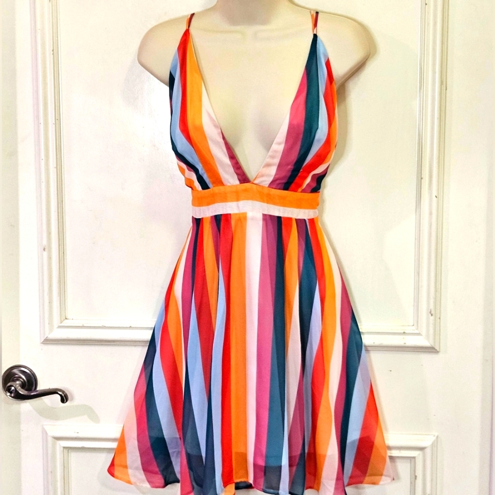 ESSUE Red/Orange Multi-Color Striped Deep Plunge Strappy Mini Dress,Large,NWT - Picture 8 of 16